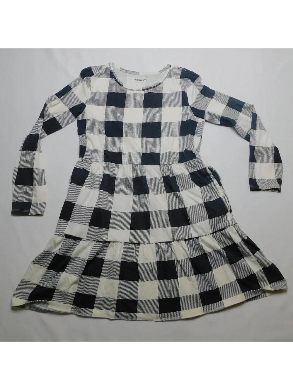 Old Navy Girls Dress L 10-12 Black White Buffalo Plaid Tiered Long Sleeve Casual